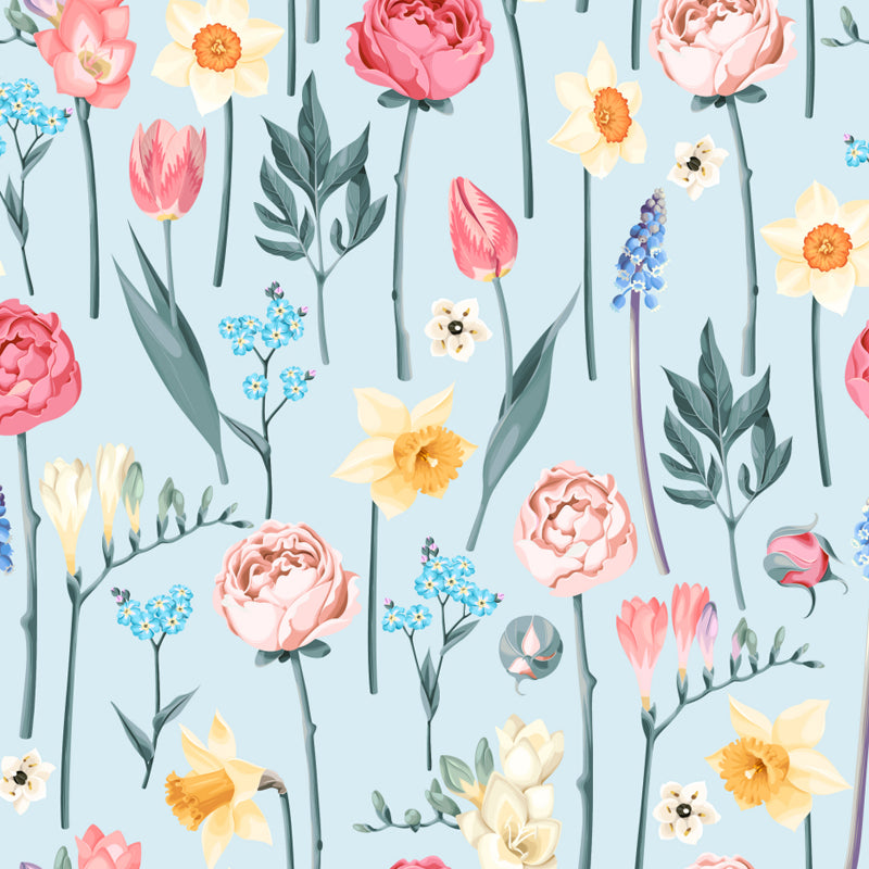 Pastel Blossoming Flowers Wall Mural Waterproofing Contemporary Girls Room Wall Art Clearhalo 'Wall Decor' 'Wall Mural' 1785951