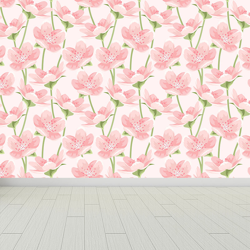 Trendy Blooming Flowers Mural Decal Non-Woven Washable Soft Color Wall Decor for Bedroom White Clearhalo 'Wall Decor' 'Wall Mural' 1785953