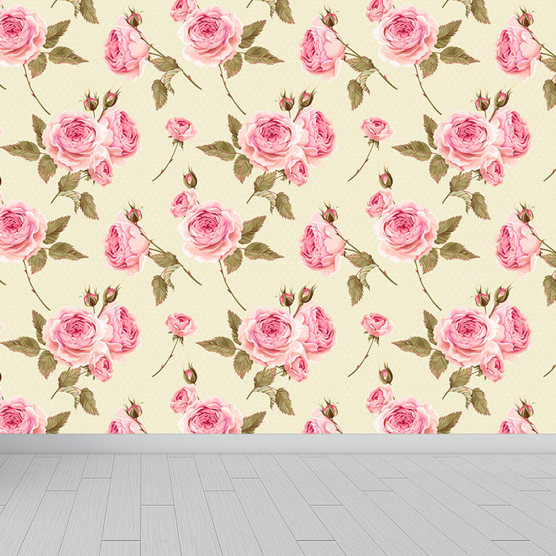 Trendy Blooming Flowers Mural Decal Non-Woven Washable Soft Color Wall Decor for Bedroom Beige Clearhalo 'Wall Decor' 'Wall Mural' 1785958