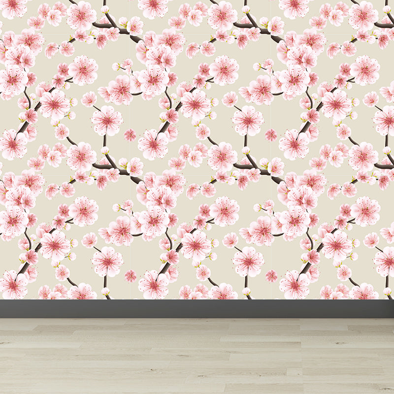 Trendy Blooming Flowers Mural Decal Non-Woven Washable Soft Color Wall Decor for Bedroom Beige Clearhalo 'Wall Decor' 'Wall Mural' 1785973