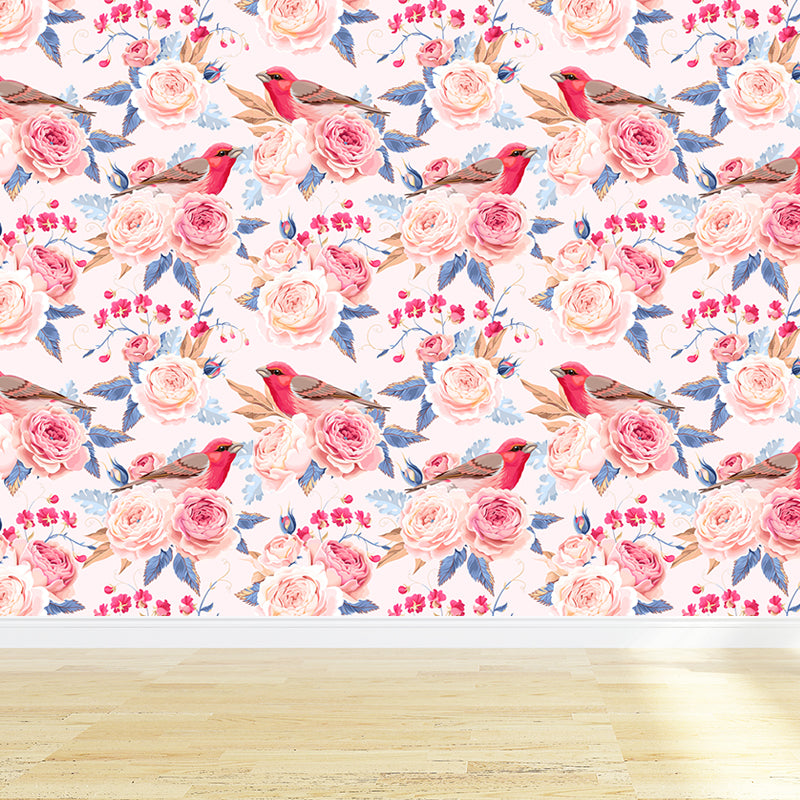 Modern Flower Rose Bloom Mural Pastel Moisture Resistant Wall Decor for Girls Room Pink Clearhalo 'Wall Decor' 'Wall Mural' 1786053