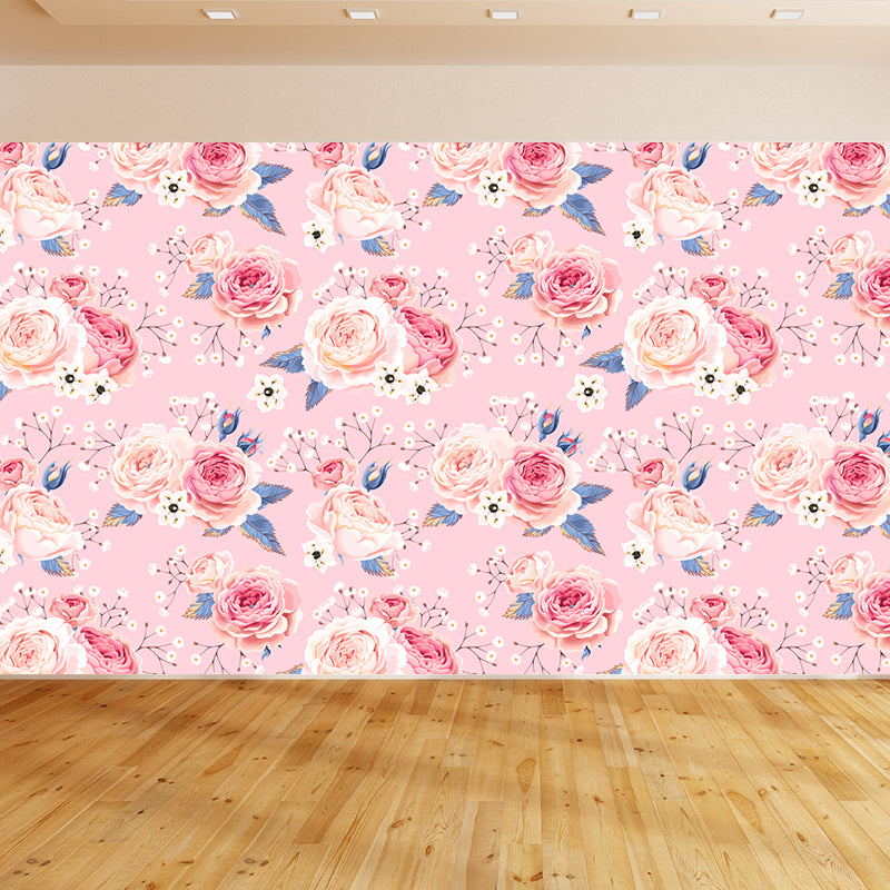 Modern Flower Rose Bloom Mural Pastel Moisture Resistant Wall Decor for Girls Room Nude Pink Clearhalo 'Wall Decor' 'Wall Mural' 1786058