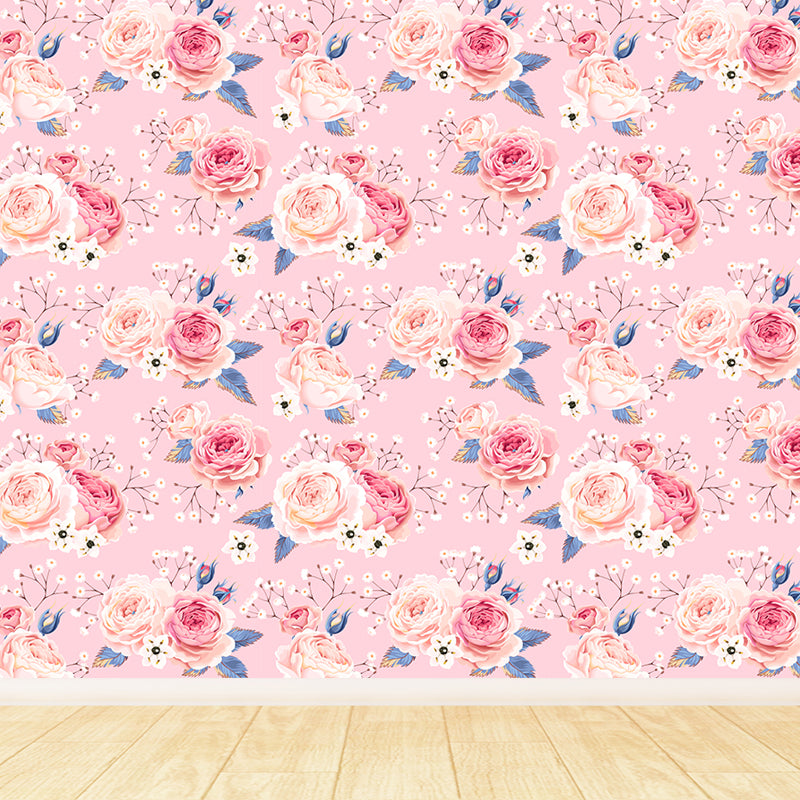 Modern Flower Rose Bloom Mural Pastel Moisture Resistant Wall Decor for Girls Room Clearhalo 'Wall Decor' 'Wall Mural' 1786060