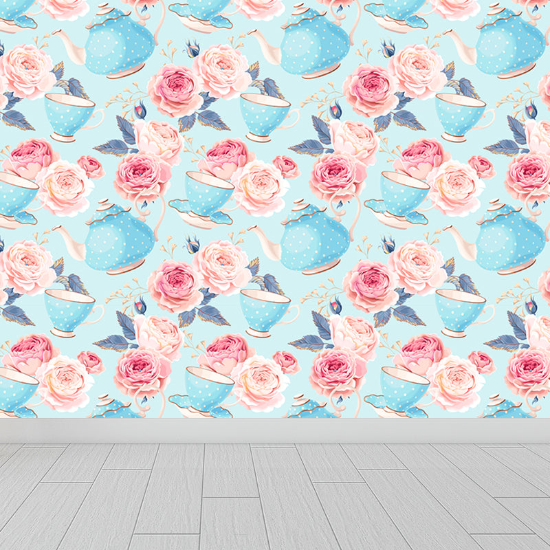 Modern Flower Rose Bloom Mural Pastel Moisture Resistant Wall Decor for Girls Room Clearhalo 'Wall Decor' 'Wall Mural' 1786064