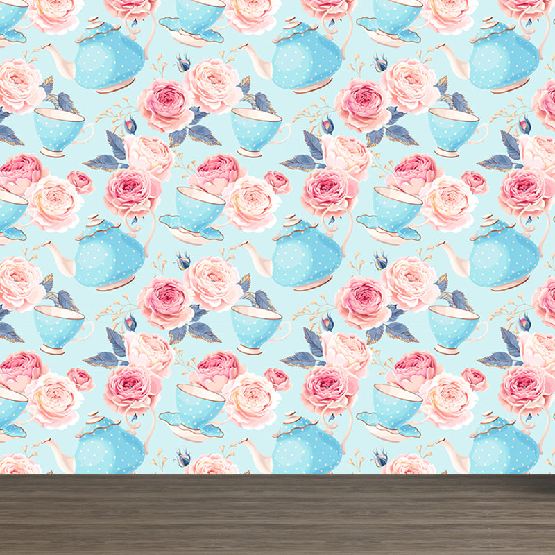Modern Flower Rose Bloom Mural Pastel Moisture Resistant Wall Decor for Girls Room Clearhalo 'Wall Decor' 'Wall Mural' 1786065