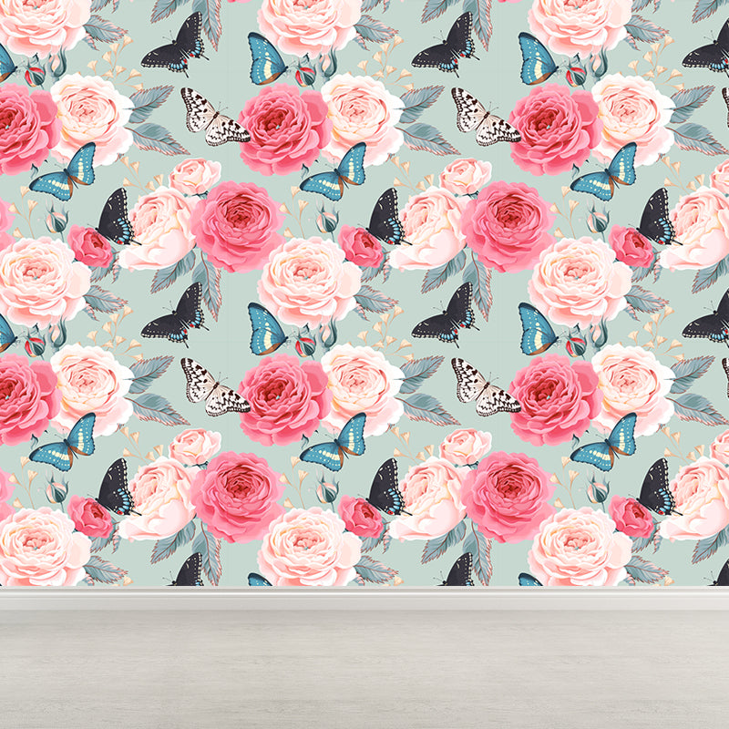 Modern Flower Rose Bloom Mural Pastel Moisture Resistant Wall Decor for Girls Room Green Clearhalo 'Wall Decor' 'Wall Mural' 1786068