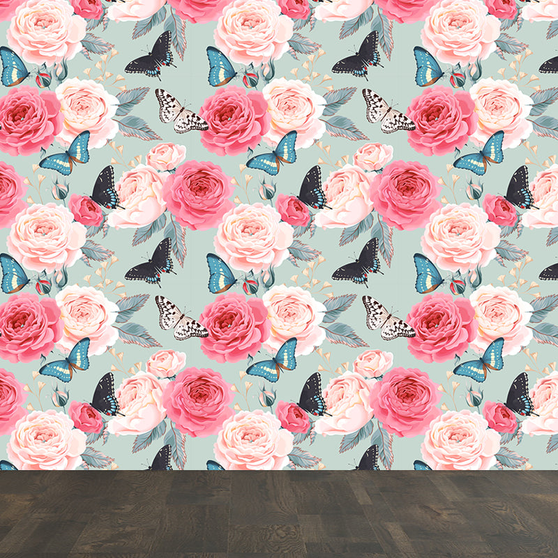 Modern Flower Rose Bloom Mural Pastel Moisture Resistant Wall Decor for Girls Room Clearhalo 'Wall Decor' 'Wall Mural' 1786069