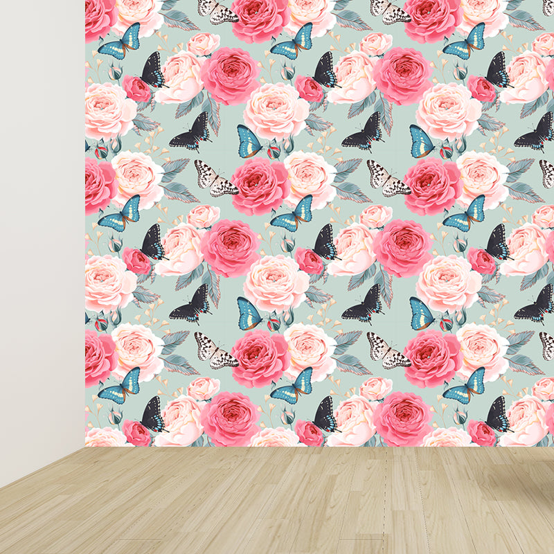 Modern Flower Rose Bloom Mural Pastel Moisture Resistant Wall Decor for Girls Room Clearhalo 'Wall Decor' 'Wall Mural' 1786070