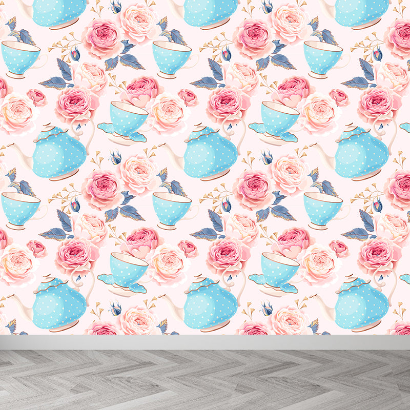 Modern Flower Rose Bloom Mural Pastel Moisture Resistant Wall Decor for Girls Room Light Pink Clearhalo 'Wall Decor' 'Wall Mural' 1786073