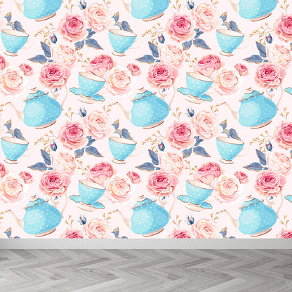 Modern Flower Rose Bloom Mural Pastel Moisture Resistant Wall Decor for Girls Room Light Pink Clearhalo 'Wall Decor' 'Wall Mural' 1786073