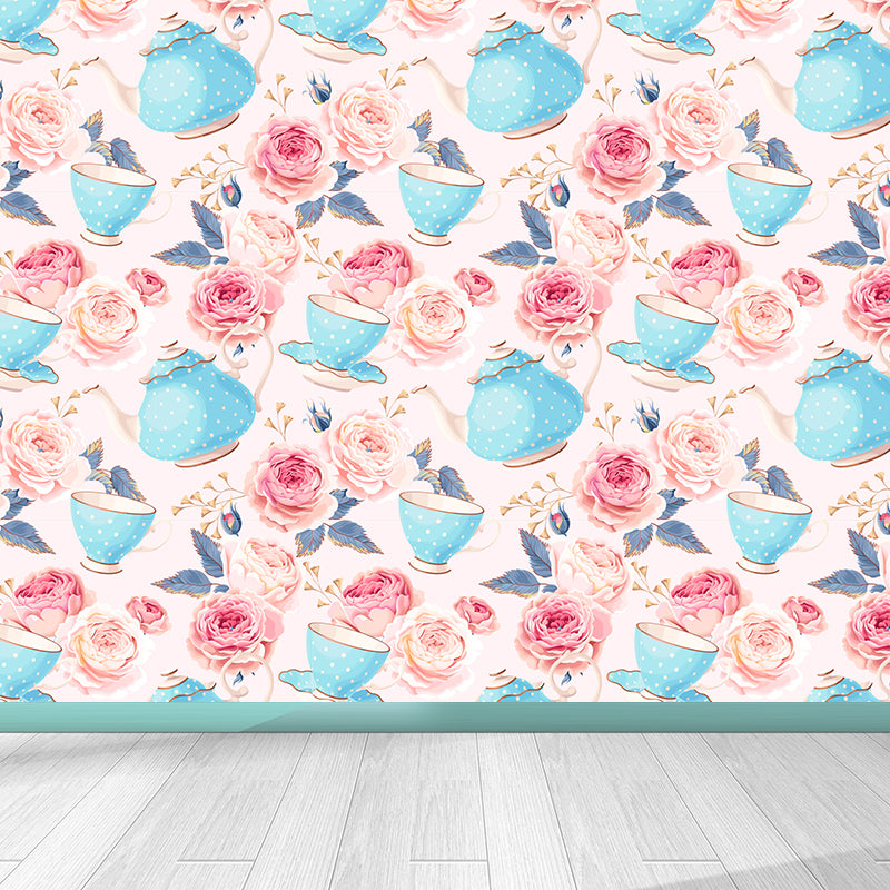 Modern Flower Rose Bloom Mural Pastel Moisture Resistant Wall Decor for Girls Room Clearhalo 'Wall Decor' 'Wall Mural' 1786074