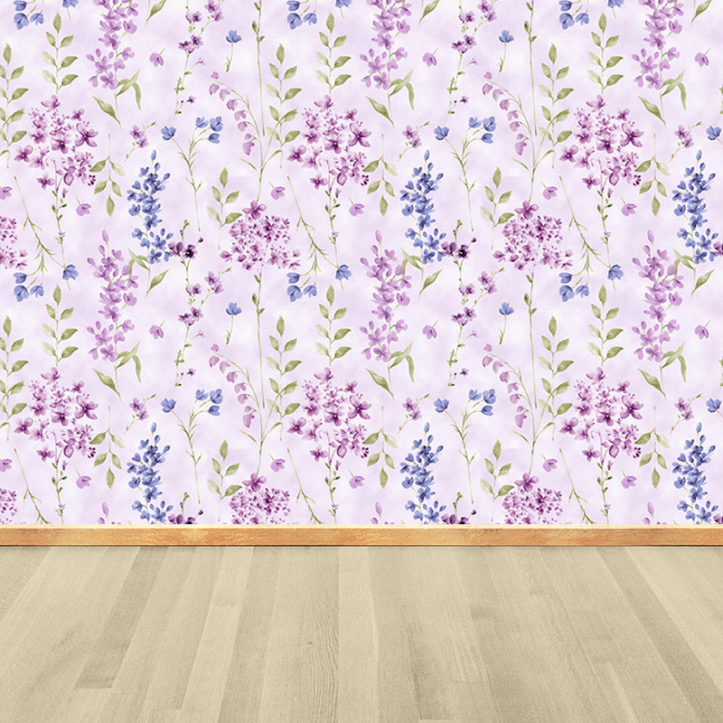 Non-Woven Stain Resistant Mural Modernist Flower Pattern Wall Decor for Living Room Purple Clearhalo 'Wall Decor' 'Wall Mural' 1786148