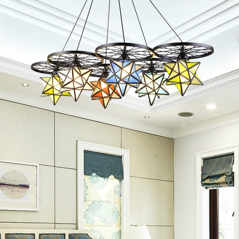 10/6/7 Lights Star Living Room Hanging Light with Wheel Stained Glass Tiffany Chandelier in Black Finish Clearhalo 'Ceiling Lights' 'Chandeliers' 'Industrial' 'Middle Century Pendants' 'Pendant Lights' 'Pendants' 'Tiffany close to ceiling' 'Tiffany Pendants' 'Tiffany' Lighting' 178617