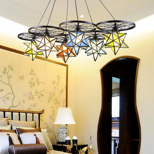 10/6/7 Lights Star Living Room Hanging Light with Wheel Stained Glass Tiffany Chandelier in Black Finish Clearhalo 'Ceiling Lights' 'Chandeliers' 'Industrial' 'Middle Century Pendants' 'Pendant Lights' 'Pendants' 'Tiffany close to ceiling' 'Tiffany Pendants' 'Tiffany' Lighting' 178618