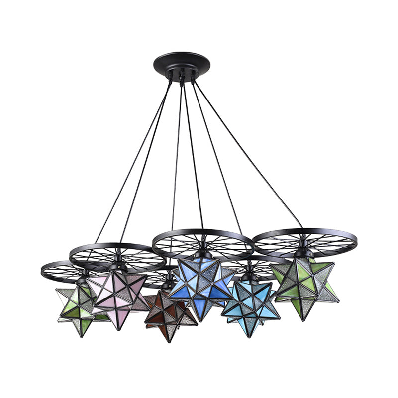 10/6/7 Lights Star Living Room Hanging Light with Wheel Stained Glass Tiffany Chandelier in Black Finish Clearhalo 'Ceiling Lights' 'Chandeliers' 'Industrial' 'Middle Century Pendants' 'Pendant Lights' 'Pendants' 'Tiffany close to ceiling' 'Tiffany Pendants' 'Tiffany' Lighting' 178619