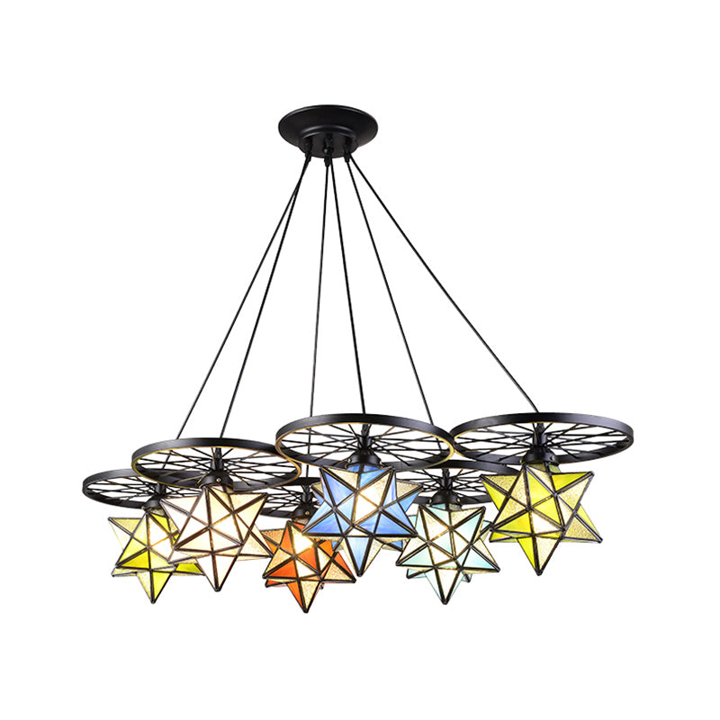 10/6/7 Lights Star Living Room Hanging Light with Wheel Stained Glass Tiffany Chandelier in Black Finish 6 Black Clearhalo 'Ceiling Lights' 'Chandeliers' 'Industrial' 'Middle Century Pendants' 'Pendant Lights' 'Pendants' 'Tiffany close to ceiling' 'Tiffany Pendants' 'Tiffany' Lighting' 178620