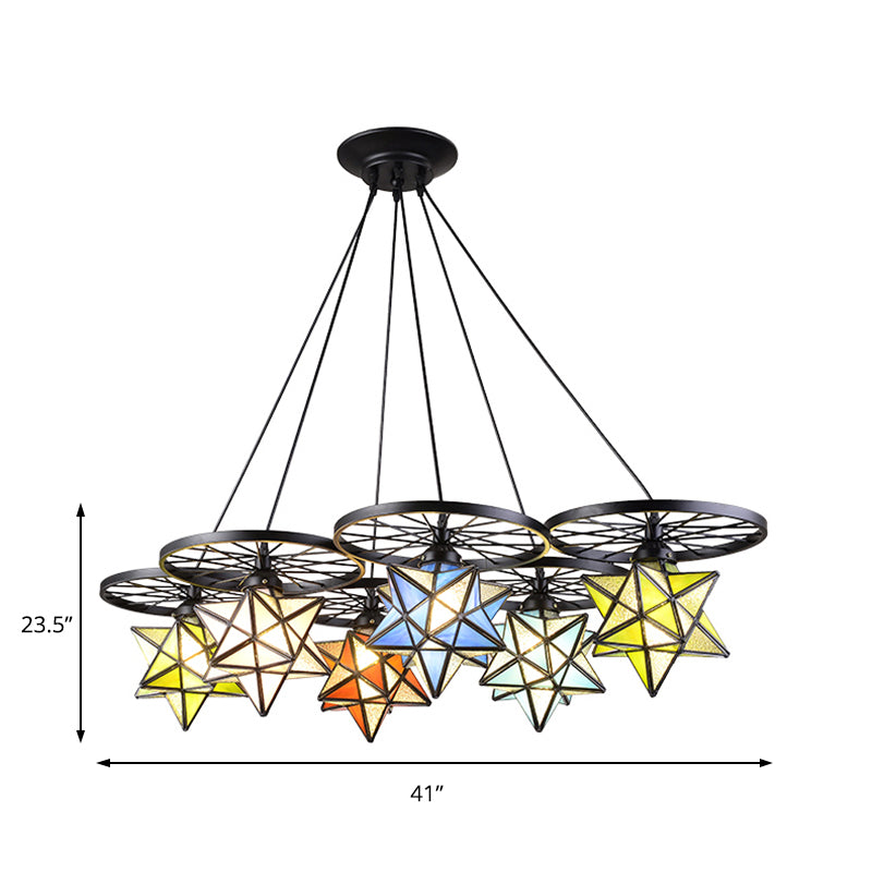 10/6/7 Lights Star Living Room Hanging Light with Wheel Stained Glass Tiffany Chandelier in Black Finish Clearhalo 'Ceiling Lights' 'Chandeliers' 'Industrial' 'Middle Century Pendants' 'Pendant Lights' 'Pendants' 'Tiffany close to ceiling' 'Tiffany Pendants' 'Tiffany' Lighting' 178621