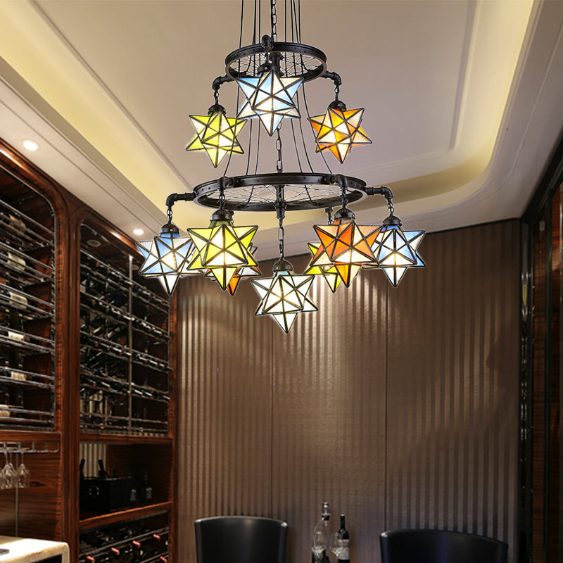 10/6/7 Lights Star Living Room Hanging Light with Wheel Stained Glass Tiffany Chandelier in Black Finish Clearhalo 'Ceiling Lights' 'Chandeliers' 'Industrial' 'Middle Century Pendants' 'Pendant Lights' 'Pendants' 'Tiffany close to ceiling' 'Tiffany Pendants' 'Tiffany' Lighting' 178623