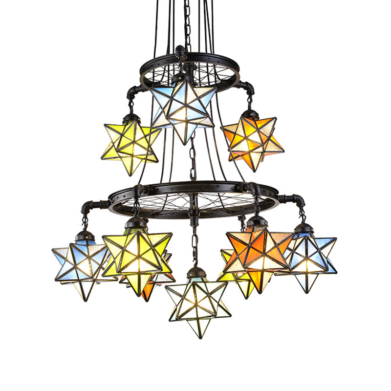10/6/7 Lights Star Living Room Hanging Light with Wheel Stained Glass Tiffany Chandelier in Black Finish 10 Black Clearhalo 'Ceiling Lights' 'Chandeliers' 'Industrial' 'Middle Century Pendants' 'Pendant Lights' 'Pendants' 'Tiffany close to ceiling' 'Tiffany Pendants' 'Tiffany' Lighting' 178624