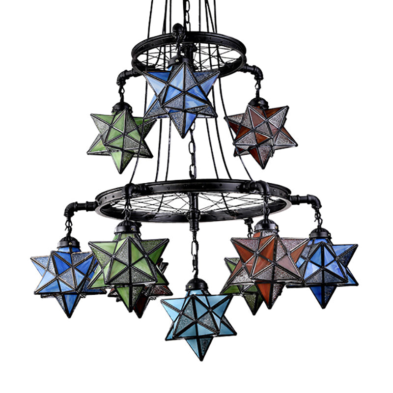 10/6/7 Lights Star Living Room Hanging Light with Wheel Stained Glass Tiffany Chandelier in Black Finish Clearhalo 'Ceiling Lights' 'Chandeliers' 'Industrial' 'Middle Century Pendants' 'Pendant Lights' 'Pendants' 'Tiffany close to ceiling' 'Tiffany Pendants' 'Tiffany' Lighting' 178625