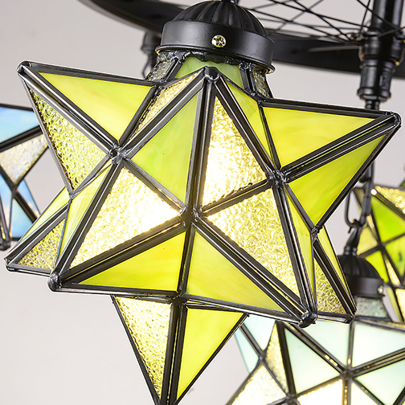 10/6/7 Lights Star Living Room Hanging Light with Wheel Stained Glass Tiffany Chandelier in Black Finish Clearhalo 'Ceiling Lights' 'Chandeliers' 'Industrial' 'Middle Century Pendants' 'Pendant Lights' 'Pendants' 'Tiffany close to ceiling' 'Tiffany Pendants' 'Tiffany' Lighting' 178627