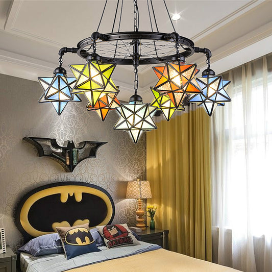 10/6/7 Lights Star Living Room Hanging Light with Wheel Stained Glass Tiffany Chandelier in Black Finish Clearhalo 'Ceiling Lights' 'Chandeliers' 'Industrial' 'Middle Century Pendants' 'Pendant Lights' 'Pendants' 'Tiffany close to ceiling' 'Tiffany Pendants' 'Tiffany' Lighting' 178628