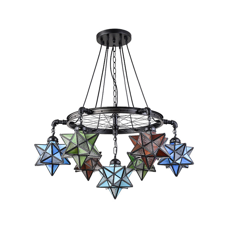 10/6/7 Lights Star Living Room Hanging Light with Wheel Stained Glass Tiffany Chandelier in Black Finish Clearhalo 'Ceiling Lights' 'Chandeliers' 'Industrial' 'Middle Century Pendants' 'Pendant Lights' 'Pendants' 'Tiffany close to ceiling' 'Tiffany Pendants' 'Tiffany' Lighting' 178629