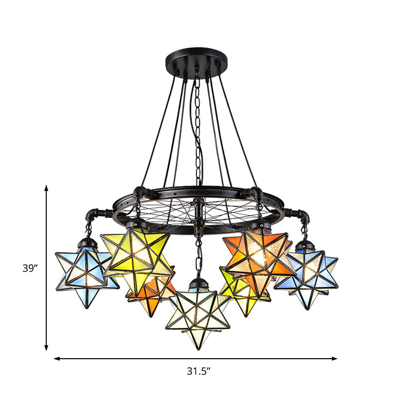 10/6/7 Lights Star Living Room Hanging Light with Wheel Stained Glass Tiffany Chandelier in Black Finish Clearhalo 'Ceiling Lights' 'Chandeliers' 'Industrial' 'Middle Century Pendants' 'Pendant Lights' 'Pendants' 'Tiffany close to ceiling' 'Tiffany Pendants' 'Tiffany' Lighting' 178631
