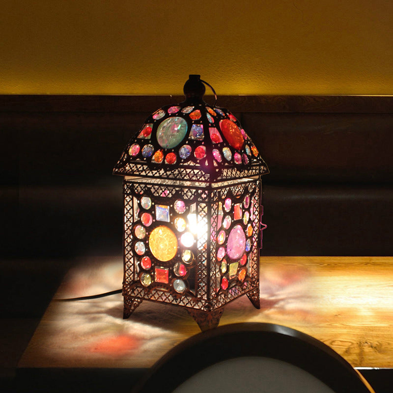 Wrought Iron House Desk Light with Beads Restaurant 1 Light Moroccan Multi-Colored Desk Lamp in Black and Pink Pink-Black Clearhalo 'Lamps' 'Table Lamps' Lighting' 178639