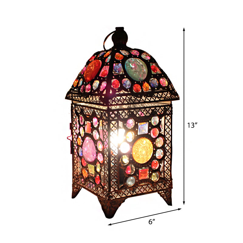 Wrought Iron House Desk Light with Beads Restaurant 1 Light Moroccan Multi-Colored Desk Lamp in Black and Pink Clearhalo 'Lamps' 'Table Lamps' Lighting' 178642