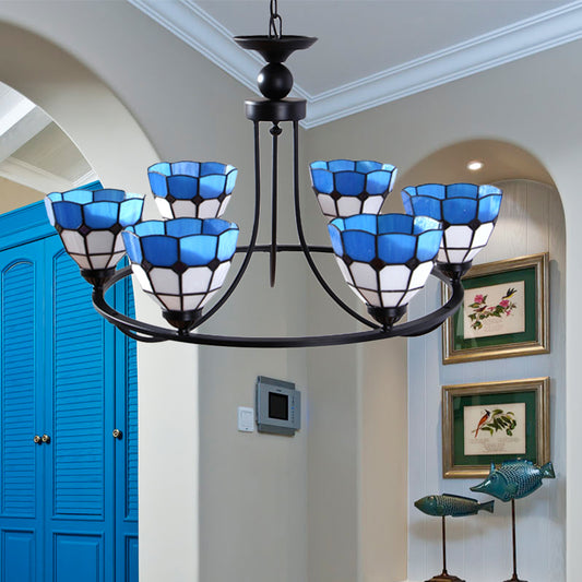 Metal Ring Suspension Light with Grid Bowl 6/8 Lights Tiffany Classic Chandelier in Blue and White 6 Blue-White Clearhalo 'Ceiling Lights' 'Chandeliers' 'Industrial' 'Middle Century Chandeliers' 'Tiffany Chandeliers' 'Tiffany close to ceiling' 'Tiffany' Lighting' 178648