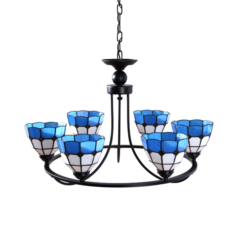 Metal Ring Suspension Light with Grid Bowl 6/8 Lights Tiffany Classic Chandelier in Blue and White Clearhalo 'Ceiling Lights' 'Chandeliers' 'Industrial' 'Middle Century Chandeliers' 'Tiffany Chandeliers' 'Tiffany close to ceiling' 'Tiffany' Lighting' 178650