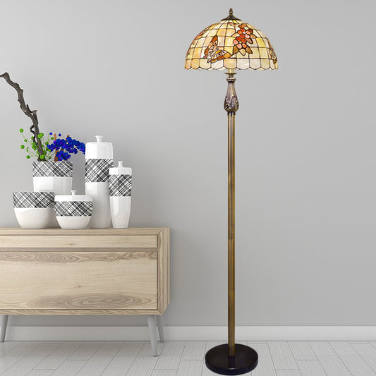 2 Heads Floor Reading Lamp Tiffany Scalloped Dome Shell Butterfly and Flower Patterned Floor Lighting in White Clearhalo 'Floor Lamps' 'Lamps' Lighting' 1786506