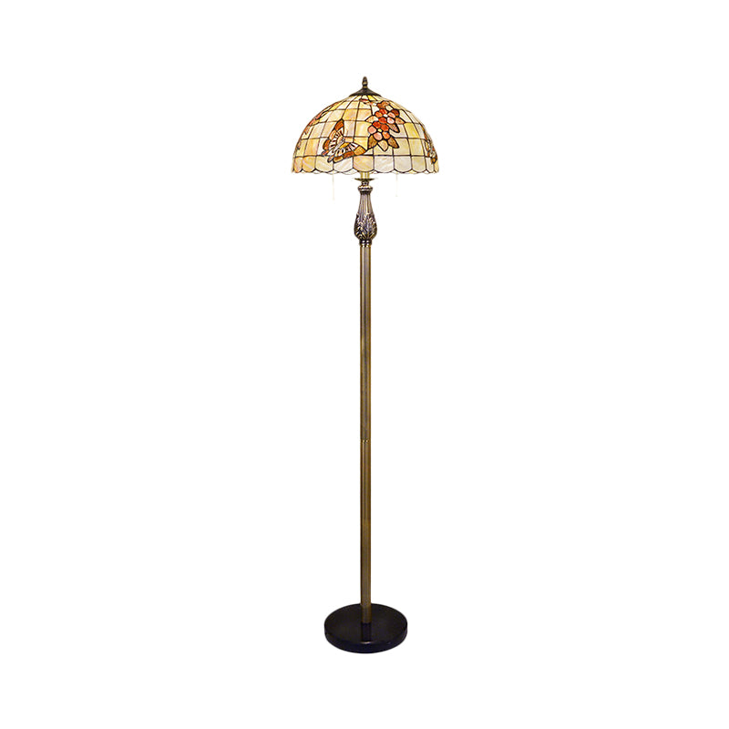 2 Heads Floor Reading Lamp Tiffany Scalloped Dome Shell Butterfly and Flower Patterned Floor Lighting in White Clearhalo 'Floor Lamps' 'Lamps' Lighting' 1786507