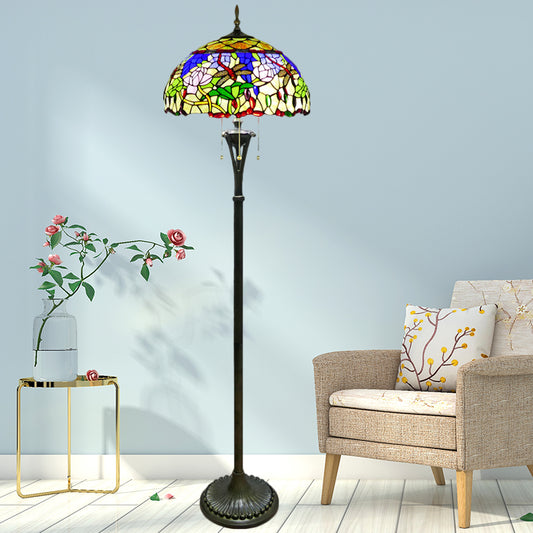 Brass Domed Reading Floor Light Tiffany Style 3-Light Cut Glass Standing Lamp with Flower and Dragonfly Pattern Clearhalo 'Floor Lamps' 'Lamps' Lighting' 1786510