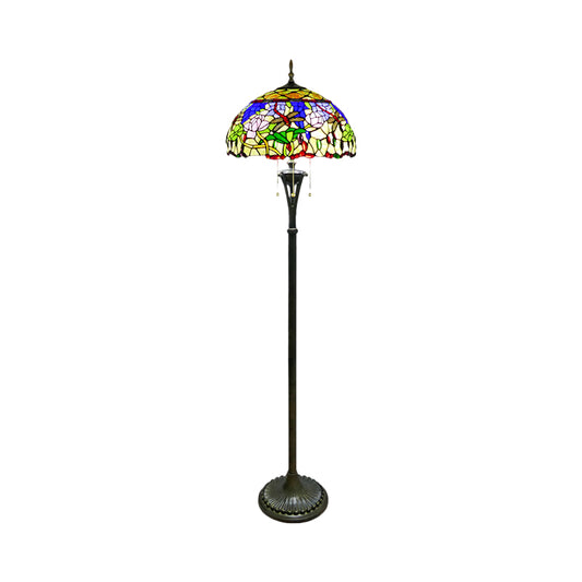 Brass Domed Reading Floor Light Tiffany Style 3-Light Cut Glass Standing Lamp with Flower and Dragonfly Pattern Clearhalo 'Floor Lamps' 'Lamps' Lighting' 1786511