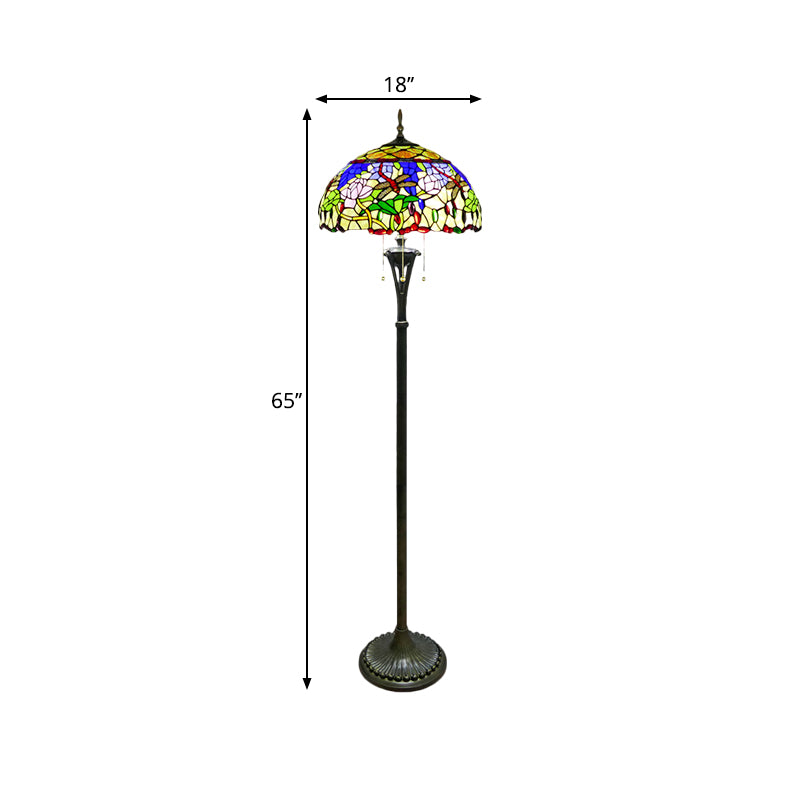 Brass Domed Reading Floor Light Tiffany Style 3-Light Cut Glass Standing Lamp with Flower and Dragonfly Pattern Clearhalo 'Floor Lamps' 'Lamps' Lighting' 1786512