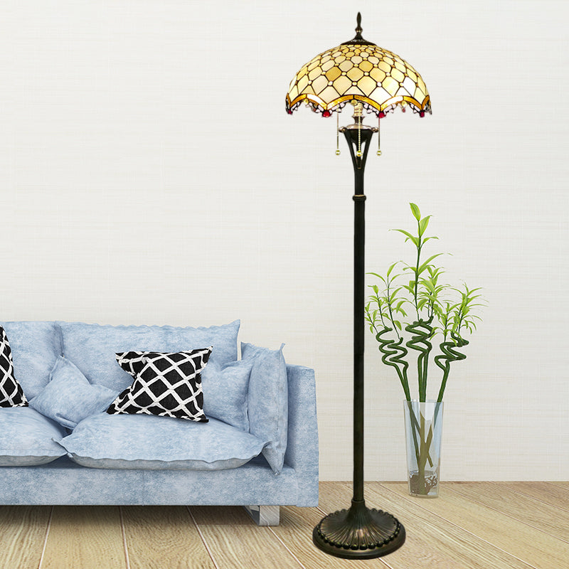 3 Lights Scalloped Reading Floor Lighting Baroque Brass Cut Glass Beaded/Floral Patterned Stand Up Light Brass A Clearhalo 'Floor Lamps' 'Lamps' Lighting' 1786513