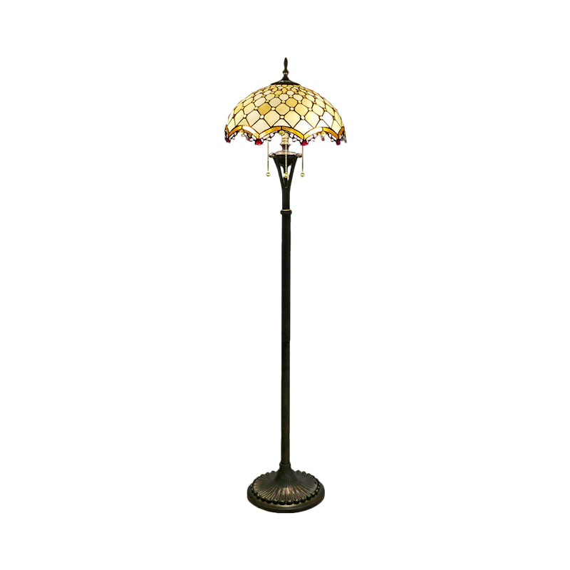 3 Lights Scalloped Reading Floor Lighting Baroque Brass Cut Glass Beaded/Floral Patterned Stand Up Light Clearhalo 'Floor Lamps' 'Lamps' Lighting' 1786515