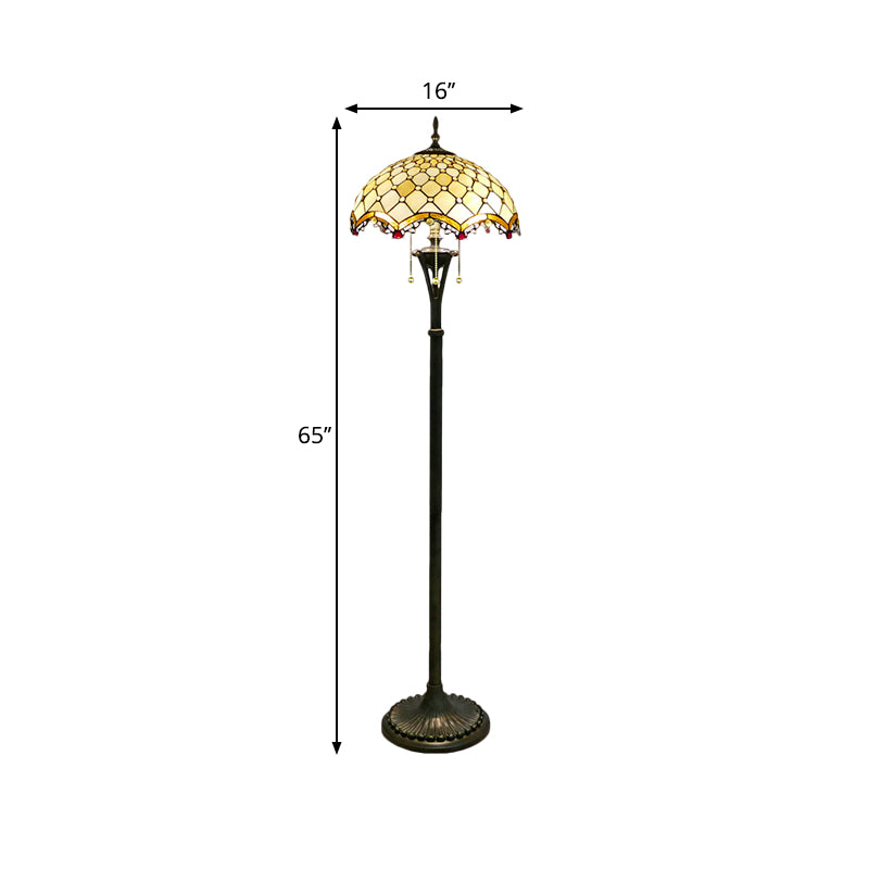 3 Lights Scalloped Reading Floor Lighting Baroque Brass Cut Glass Beaded/Floral Patterned Stand Up Light Clearhalo 'Floor Lamps' 'Lamps' Lighting' 1786516