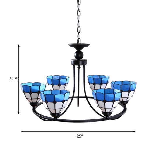 Metal Ring Suspension Light with Grid Bowl 6/8 Lights Tiffany Classic Chandelier in Blue and White Clearhalo 'Ceiling Lights' 'Chandeliers' 'Industrial' 'Middle Century Chandeliers' 'Tiffany Chandeliers' 'Tiffany close to ceiling' 'Tiffany' Lighting' 178651