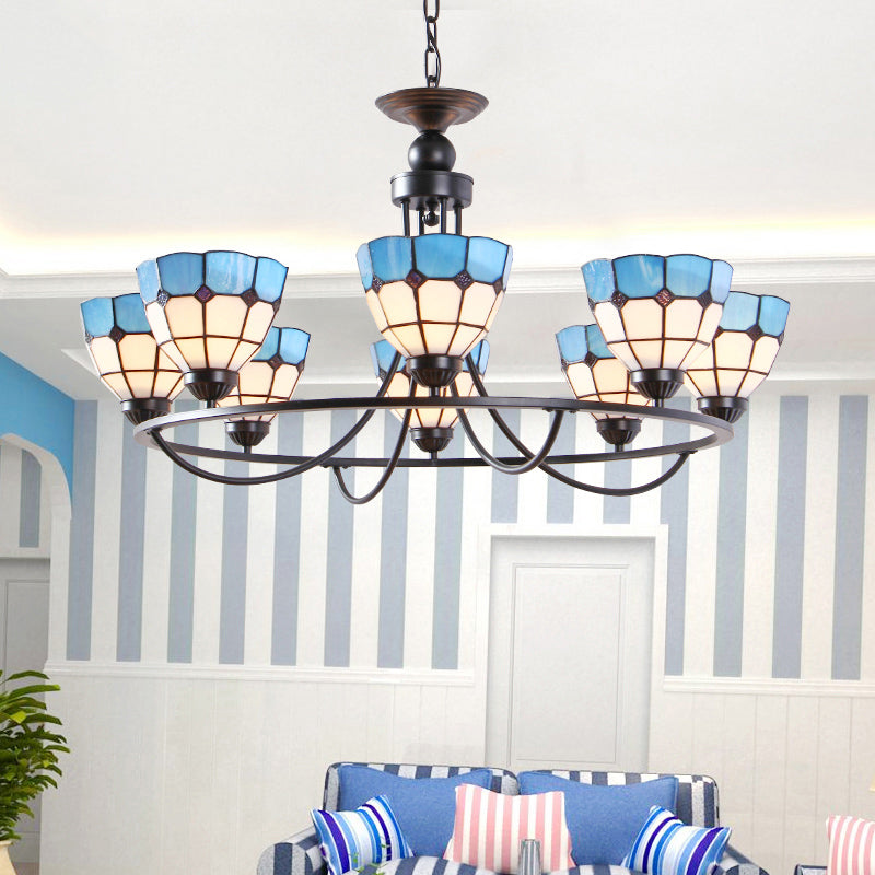 Metal Ring Suspension Light with Grid Bowl 6/8 Lights Tiffany Classic Chandelier in Blue and White 8 Blue-White Clearhalo 'Ceiling Lights' 'Chandeliers' 'Industrial' 'Middle Century Chandeliers' 'Tiffany Chandeliers' 'Tiffany close to ceiling' 'Tiffany' Lighting' 178652