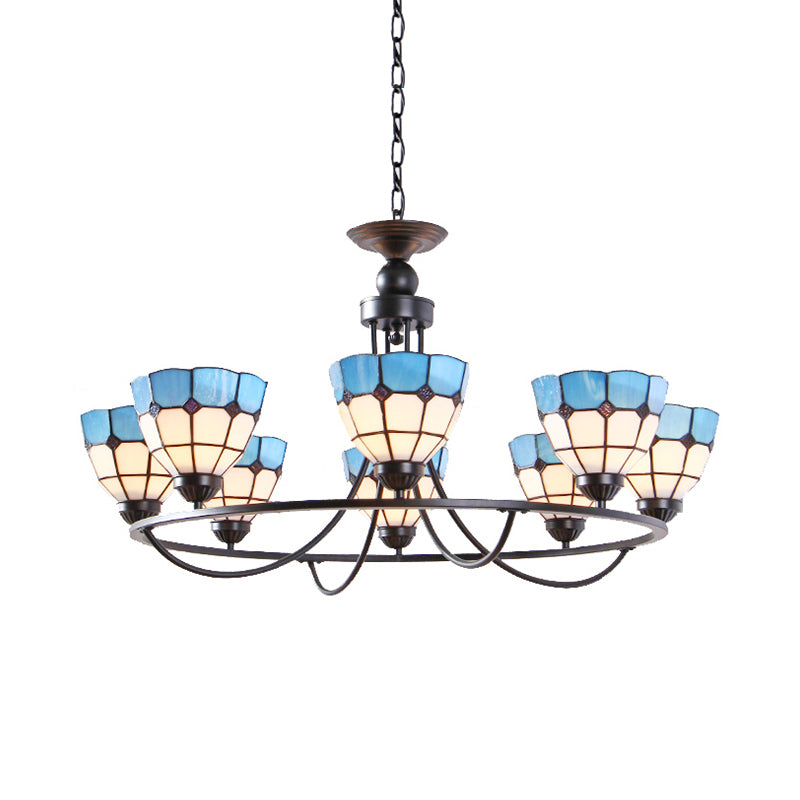 Metal Ring Suspension Light with Grid Bowl 6/8 Lights Tiffany Classic Chandelier in Blue and White Clearhalo 'Ceiling Lights' 'Chandeliers' 'Industrial' 'Middle Century Chandeliers' 'Tiffany Chandeliers' 'Tiffany close to ceiling' 'Tiffany' Lighting' 178654