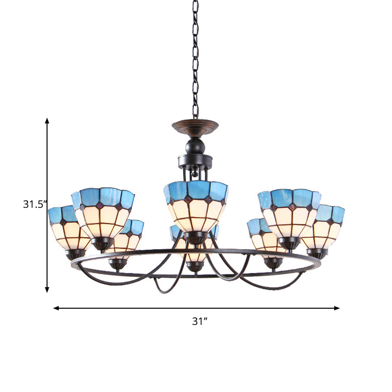 Metal Ring Suspension Light with Grid Bowl 6/8 Lights Tiffany Classic Chandelier in Blue and White Clearhalo 'Ceiling Lights' 'Chandeliers' 'Industrial' 'Middle Century Chandeliers' 'Tiffany Chandeliers' 'Tiffany close to ceiling' 'Tiffany' Lighting' 178655