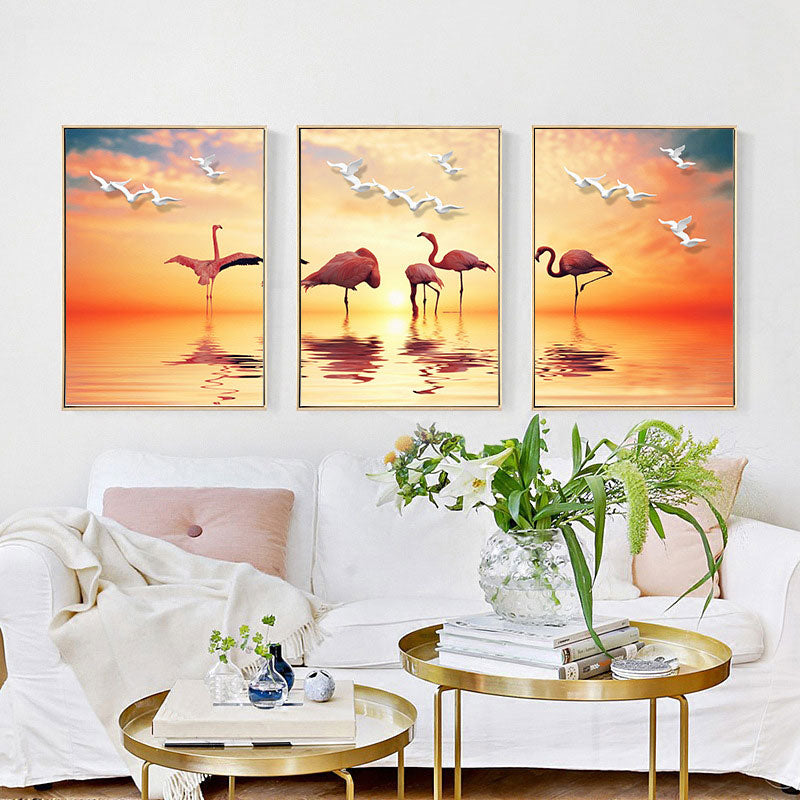 Tropical Flamingo and Seagull Canvas Orange Decorative Art Print for Living Room Orange Design 1 Clearhalo 'Art Gallery' 'Canvas Art' 'Coastal Art Gallery' 'Tropical' Arts' 1786587