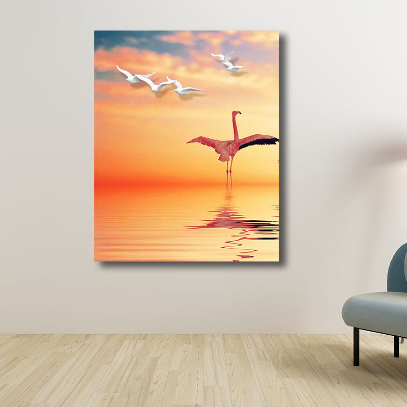 Tropical Flamingo and Seagull Canvas Orange Decorative Art Print for Living Room Clearhalo 'Art Gallery' 'Canvas Art' 'Coastal Art Gallery' 'Tropical' Arts' 1786588