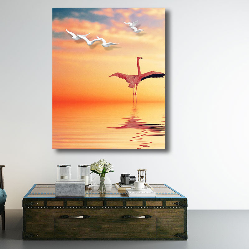 Tropical Flamingo and Seagull Canvas Orange Decorative Art Print for Living Room Clearhalo 'Art Gallery' 'Canvas Art' 'Coastal Art Gallery' 'Tropical' Arts' 1786589