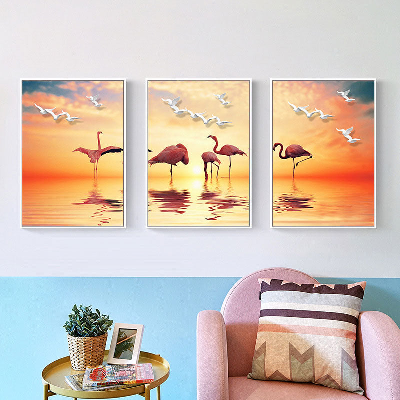 Tropical Flamingo and Seagull Canvas Orange Decorative Art Print for Living Room Orange Design 2 Clearhalo 'Art Gallery' 'Canvas Art' 'Coastal Art Gallery' 'Tropical' Arts' 1786594