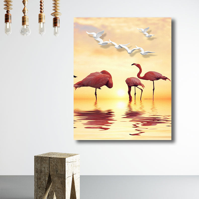 Tropical Flamingo and Seagull Canvas Orange Decorative Art Print for Living Room Clearhalo 'Art Gallery' 'Canvas Art' 'Coastal Art Gallery' 'Tropical' Arts' 1786595
