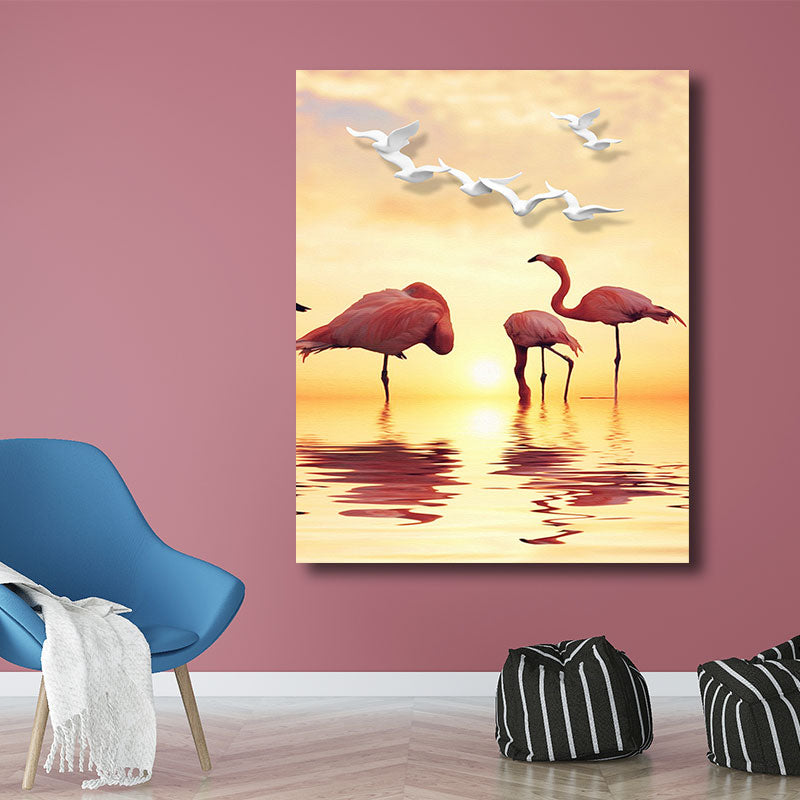 Tropical Flamingo and Seagull Canvas Orange Decorative Art Print for Living Room Clearhalo 'Art Gallery' 'Canvas Art' 'Coastal Art Gallery' 'Tropical' Arts' 1786596